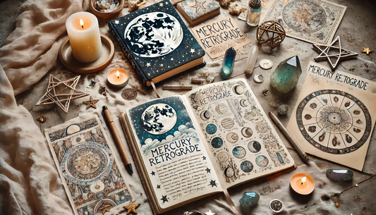 Spiritual flatlay with stars, crystals, and moon journal during Mercury Retrograde