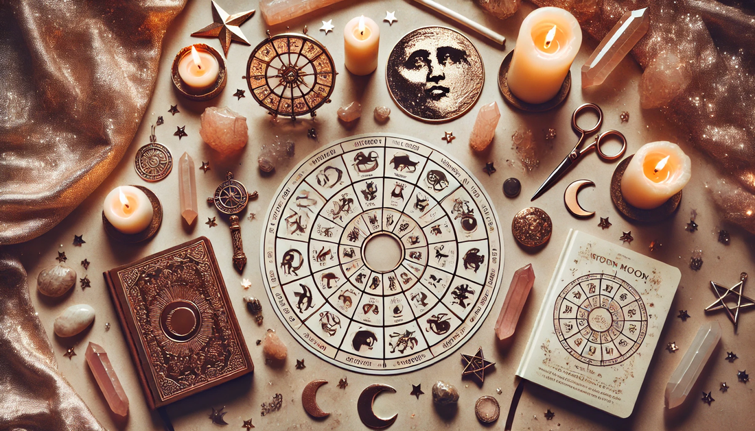 Spiritual flatlay with astrology chart, crystals, and moon symbols